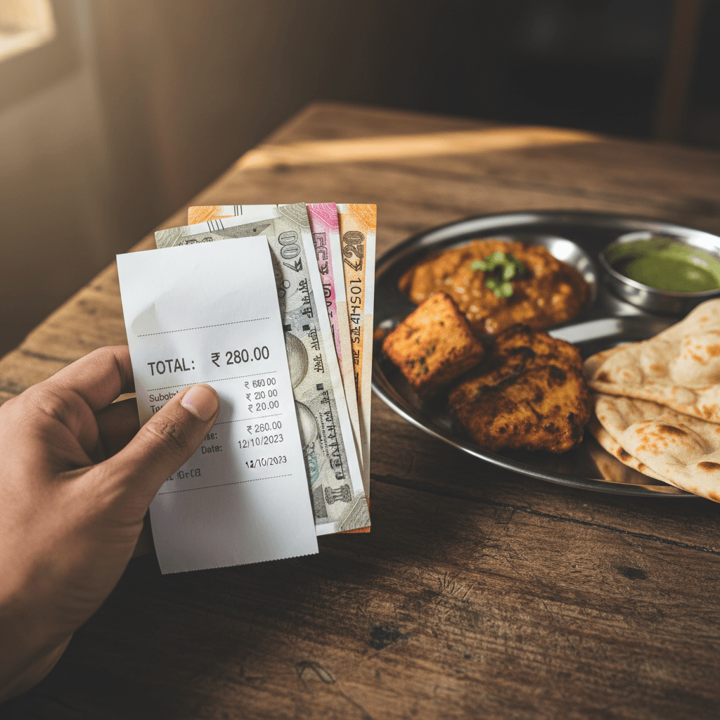 Affordable meal bill and payment on dhaba table