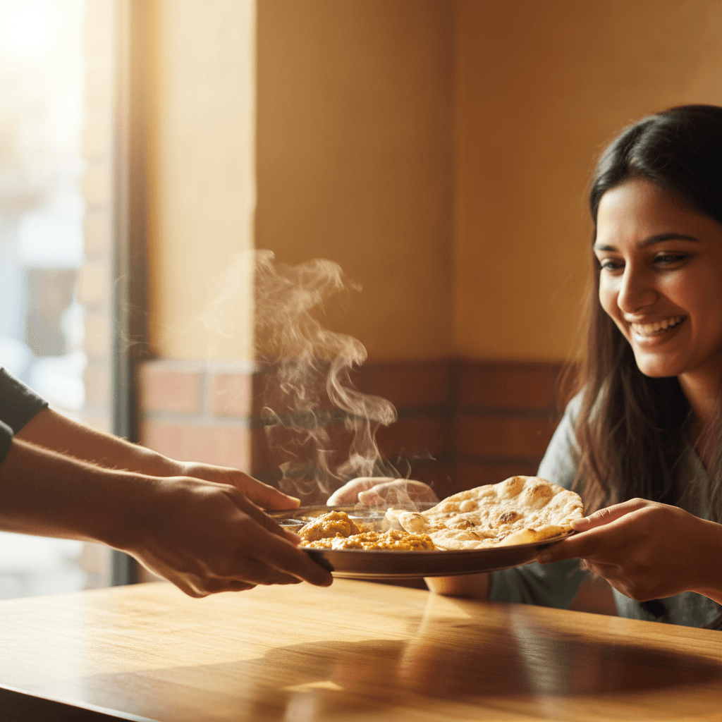 Server delivering hot food quickly to customer