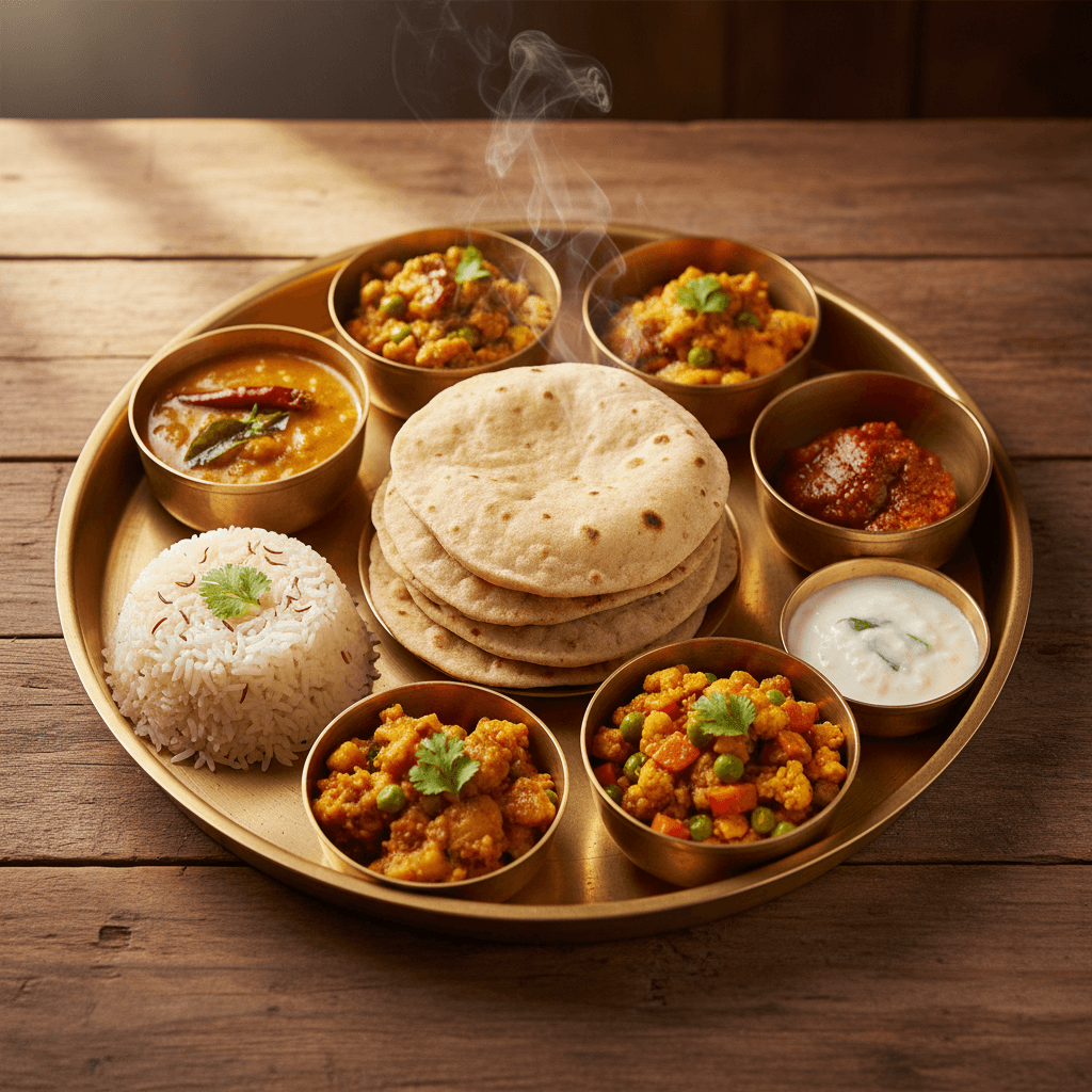Vegetarian thali with rotis, sabzi, rice, and dal