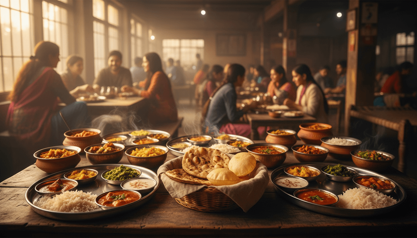 Warm family-style vegetarian thalis and dishes at Choudhary Dhaba on the Talegaon-Chakan Highway